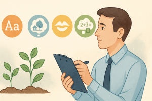 Semi-realistic illustration of a researcher holding a clipboard, observing icons that represent Novaread’s evidence-based programs: letters for Seeing Stars, a thought bubble with a house and tree for Visualizing & Verbalizing, lips for LiPS, and math symbols in a cloud for On Cloud Nine.
