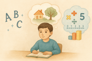 Semi-realistic illustration of a child sitting at a desk with floating imagery: glowing letters for reading, a thought bubble with a tree and house for comprehension, and math symbols in a cloud for numeracy.
