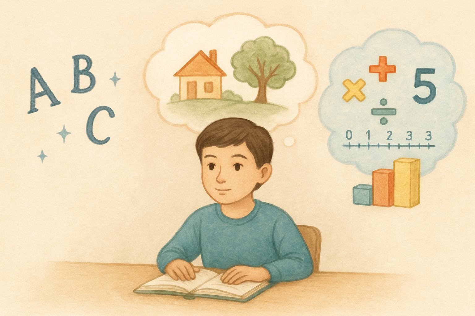 Semi-realistic illustration of a child sitting at a desk with floating imagery: glowing letters for reading, a thought bubble with a tree and house for comprehension, and math symbols in a cloud for numeracy.