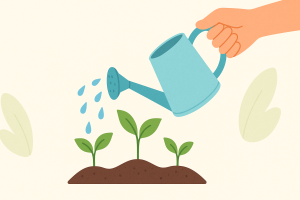 Flat illustration of a hand pouring water from a blue watering can onto three small green plants growing in soil, symbolizing nurturing growth and collaboration