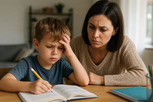 Mother helping young boy frustrated with reading due to weak fluency.