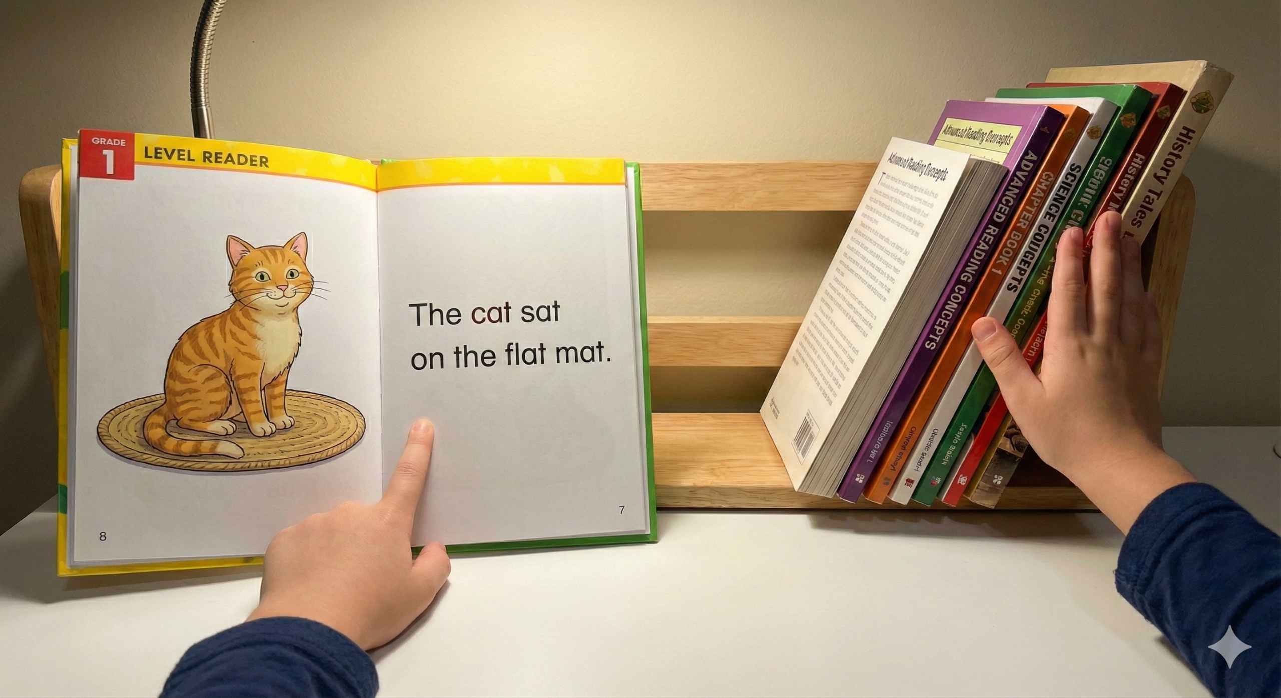 Child practicing early reading fluency with a Level 1 phonics book, pointing to the sentence 'The cat sat on the flat mat', with beginner reading books on a shelf behind