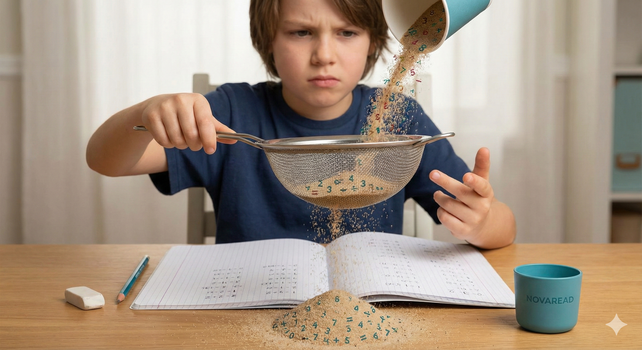 A young boy pouring sand mixed with small numbers through a metal sieve onto a math notebook, illustrating the concept of memory loss and difficulty retaining math facts.