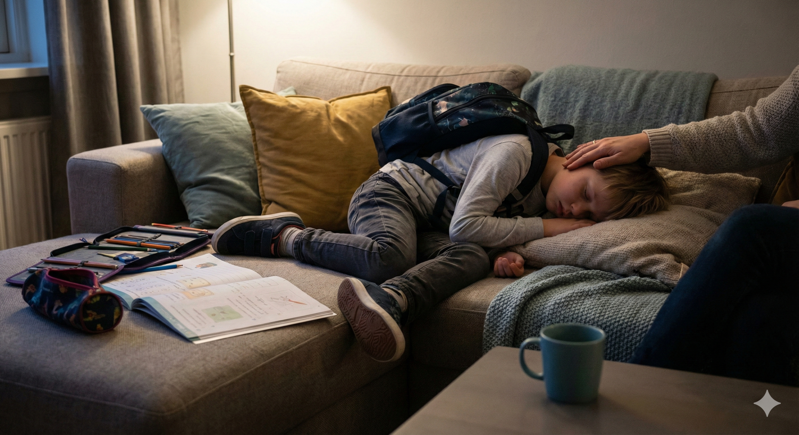 A young child lying exhausted on a couch with a school backpack still on, open pencil case and books on the floor, with a parent's hand resting on their head