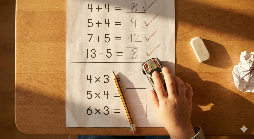 Child distracted by a toy car, completing familiar addition but leaving new multiplication problems blank