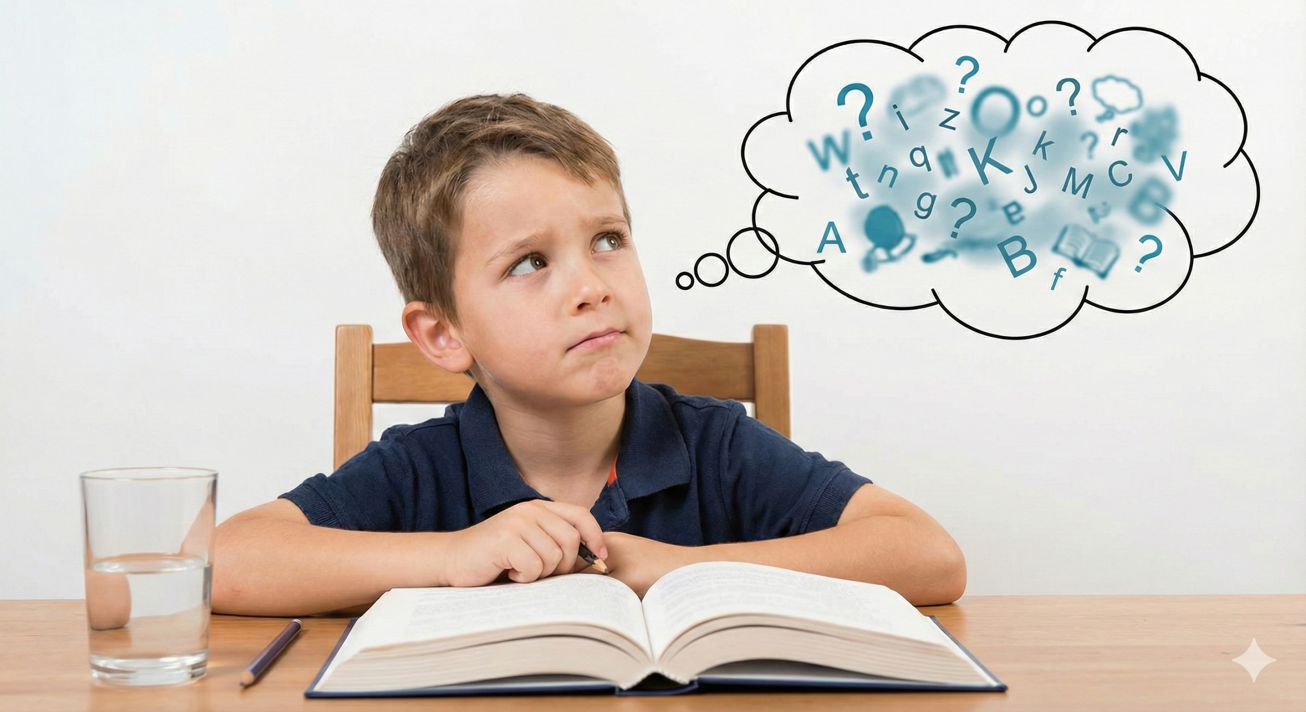 A young boy looks away from his open textbook with a pensive expression, a thought bubble full of letters and question marks above his head.