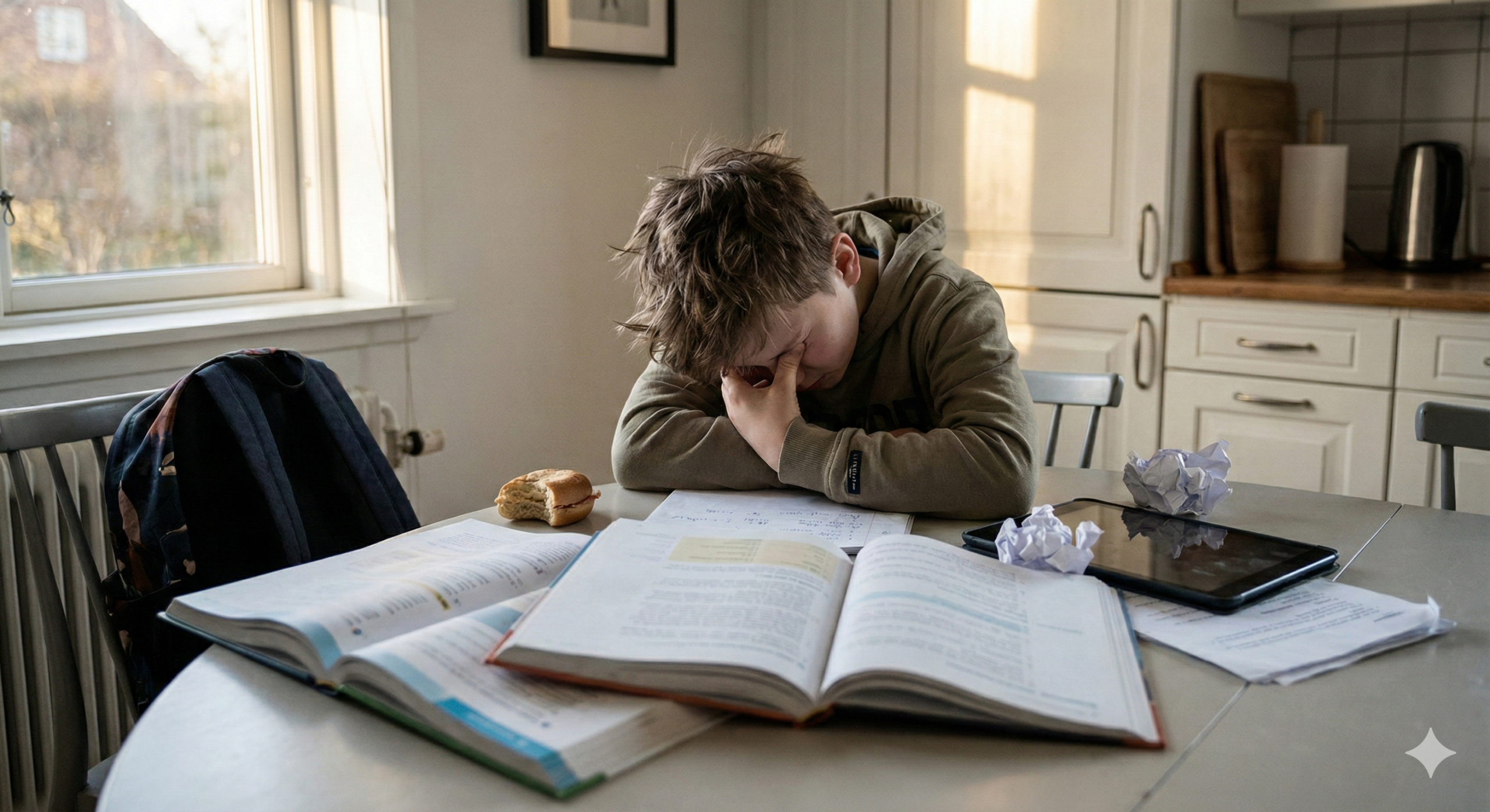 A young boy with a frustrated expression, holding his head while sitting at a kitchen table piled with school books and crumpled papers, appearing overwhelmed by homework.
