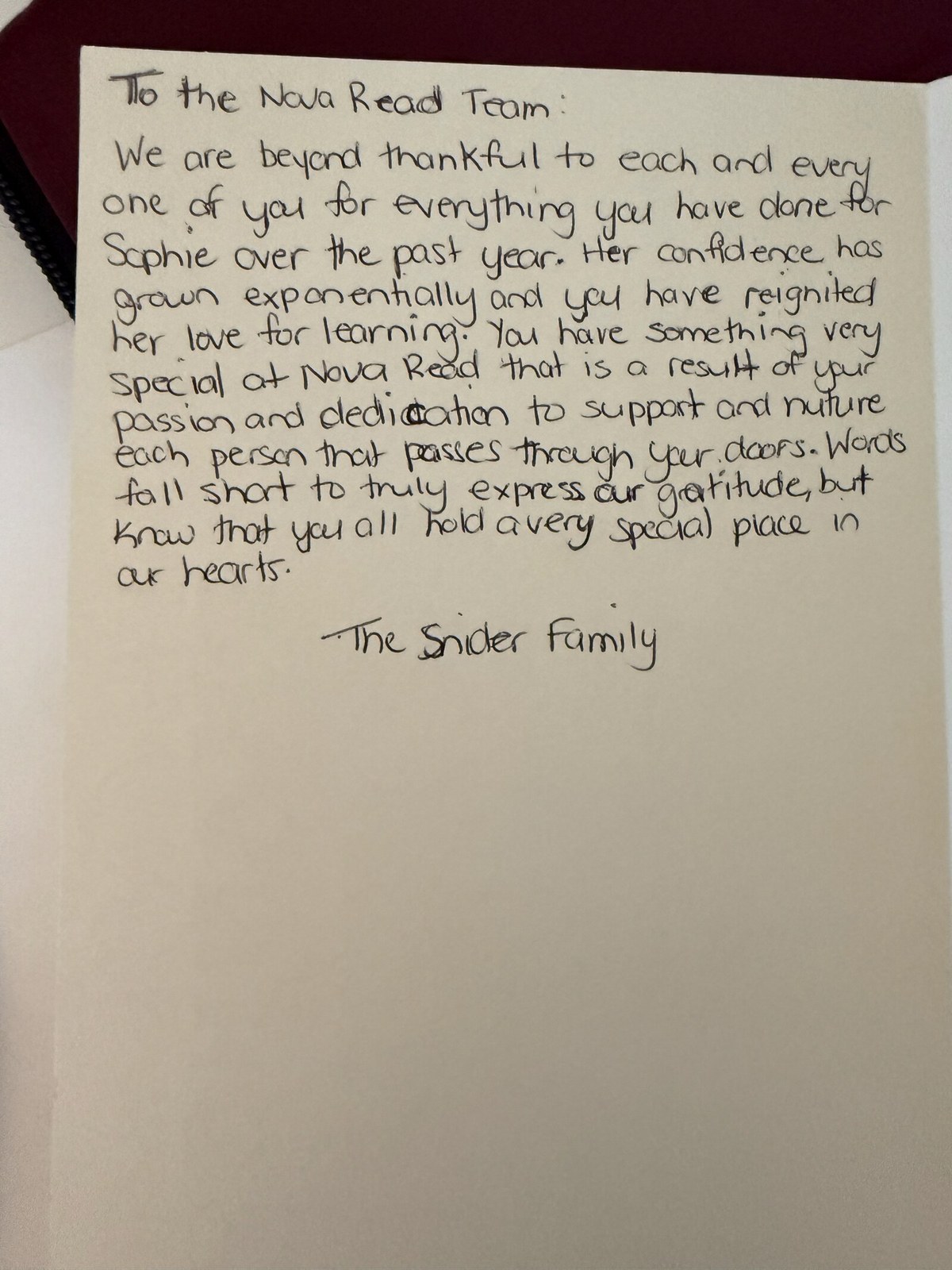 Handwritten thank-you letter to Novaread from the Snider family