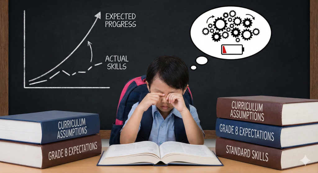 A young student wearing a backpack sits at a desk rubbing his eyes in exhaustion, flanked by stacks of heavy books labeled 'Curriculum Assumptions' and 'Grade 8 Expectations.' Behind him, a chalkboard displays a graph showing a wide gap between 'Expected Progress' and 'Actual Skills,' along with a thought bubble containing gears and a low battery icon.