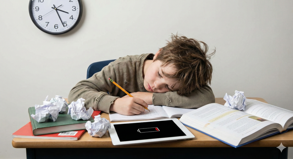 A young boy with messy hair rests his head on his arm at a desk, looking exhausted. He holds a pencil and is surrounded by open textbooks, crumpled balls of paper, and a tablet displaying a red 'low battery' icon.